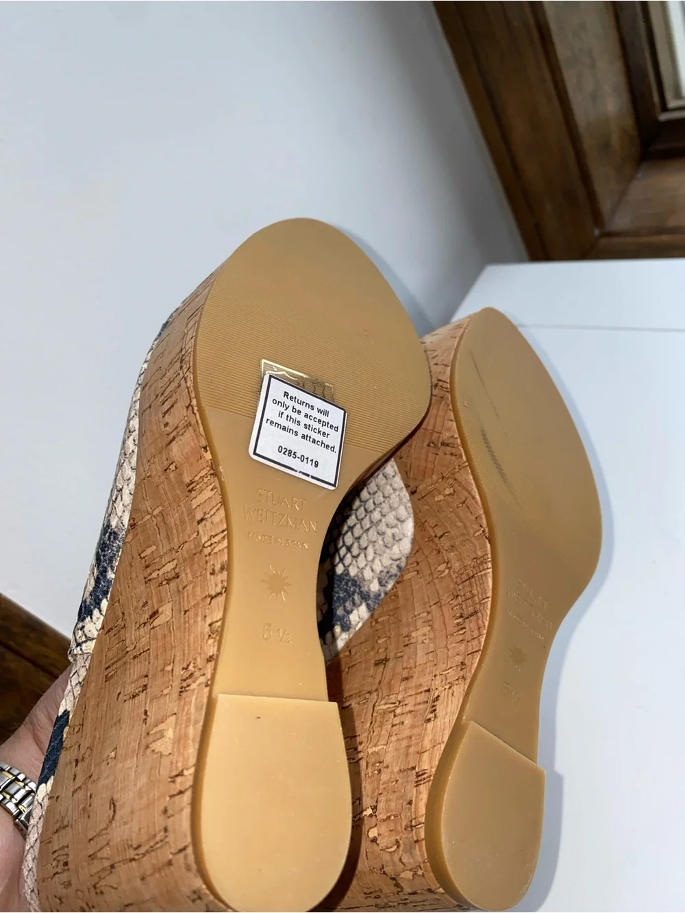 NEW Stuart Weitzman Snakeskin Cork Wedge Platform Sling backs, Size 5.5